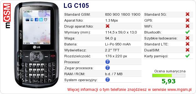 Dane telefonu LG C105