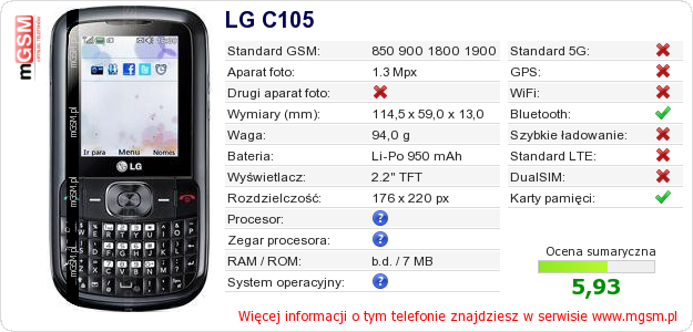 Dane telefonu LG C105 Dane telefonu LG C105