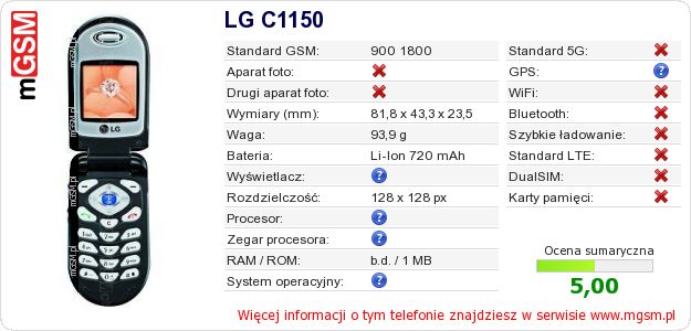 Dane telefonu LG C1150