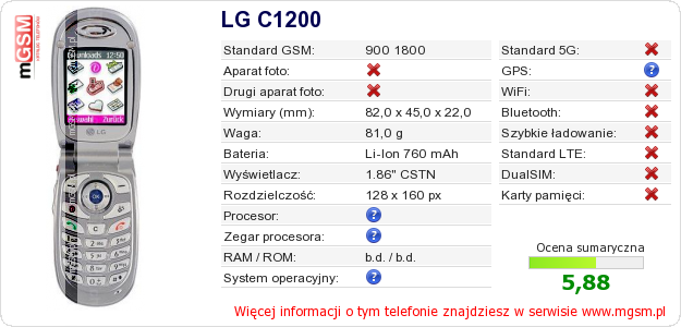 Dane telefonu LG C1200 Dane telefonu LG C1200