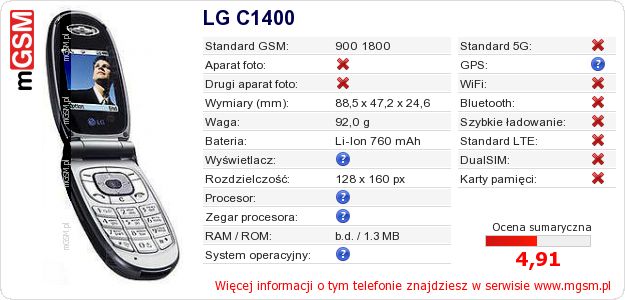 Dane telefonu LG C1400