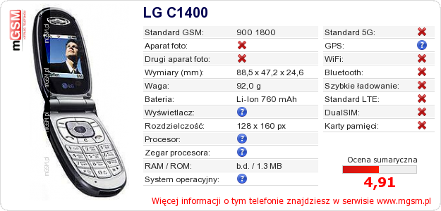 Dane telefonu LG C1400 Dane telefonu LG C1400