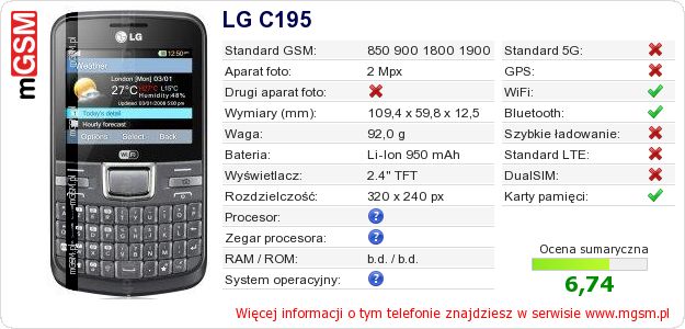 Dane telefonu LG C195