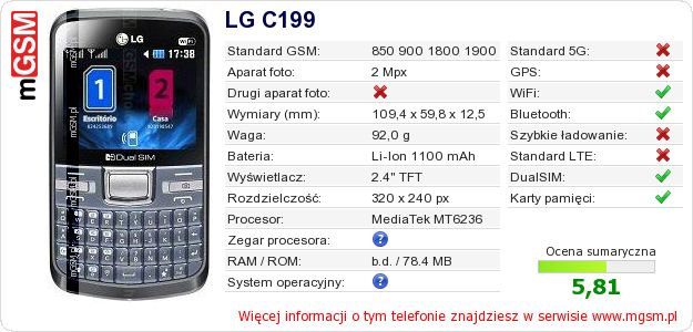 Dane telefonu LG C199