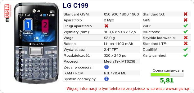 Dane telefonu LG C199 Dane telefonu LG C199