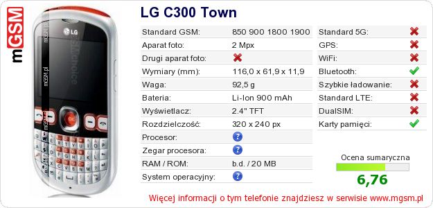 Dane telefonu LG C300 Town