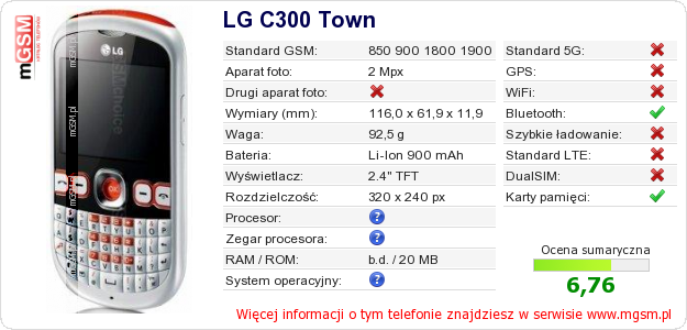 Dane telefonu LG C300 Town