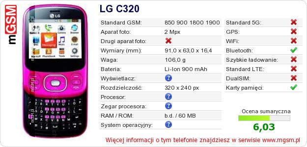 Dane telefonu LG C320 Dane telefonu LG C320