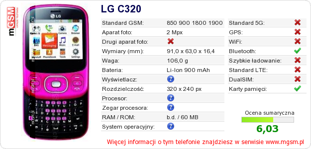 Dane telefonu LG C320