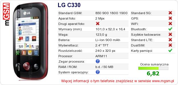 Dane telefonu LG C330 Dane telefonu LG C330