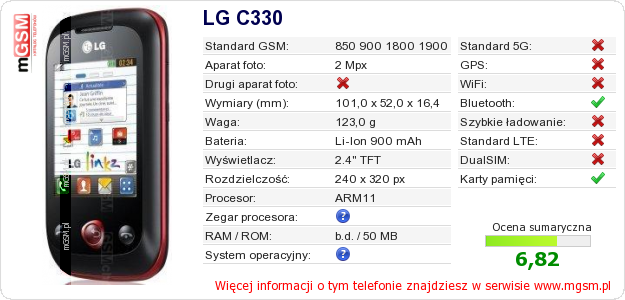 Dane telefonu LG C330