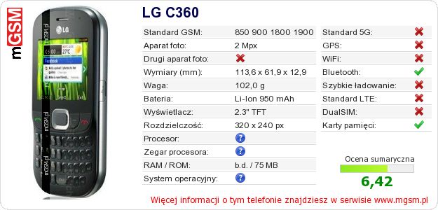Dane telefonu LG C360 Dane telefonu LG C360