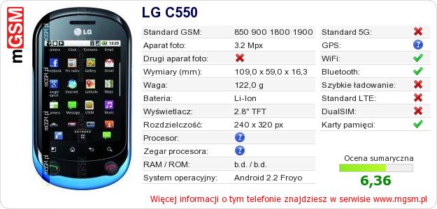 Dane telefonu LG C550 Dane telefonu LG C550