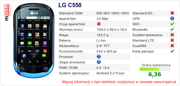 Dane telefonu LG C550