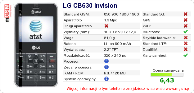 Dane telefonu LG CB630 Invision Dane telefonu LG CB630 Invision