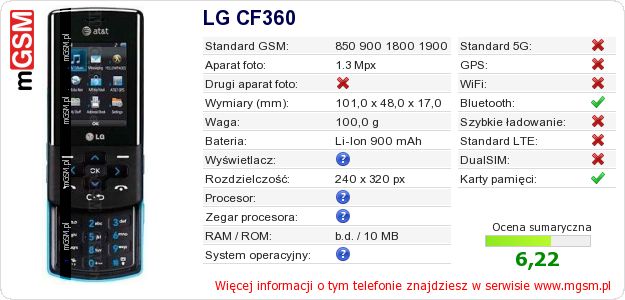 Dane telefonu LG CF360 Dane telefonu LG CF360