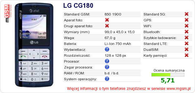 Dane telefonu LG CG180 Dane telefonu LG CG180