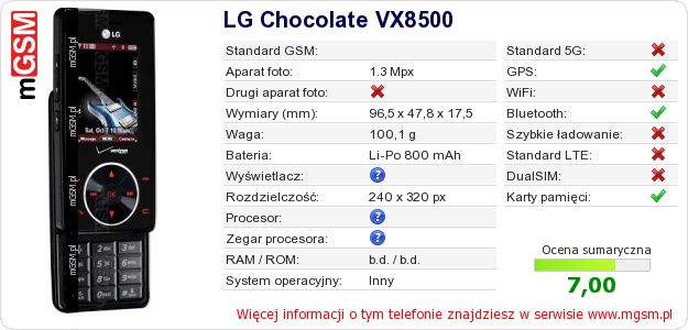 Dane telefonu LG Chocolate VX8500