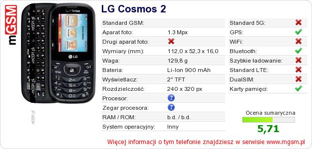 Dane telefonu LG Cosmos 2 Dane telefonu LG Cosmos 2