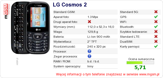 Dane telefonu LG Cosmos 2