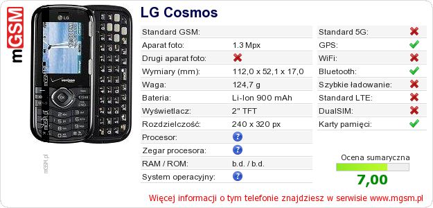 Dane telefonu LG Cosmos