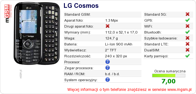 Dane telefonu LG Cosmos