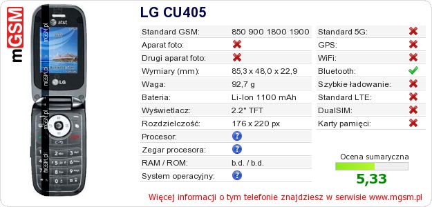 Dane telefonu LG CU405 Dane telefonu LG CU405