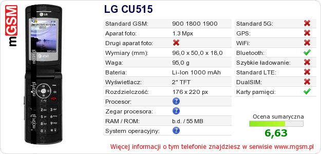 Dane telefonu LG CU515 Dane telefonu LG CU515