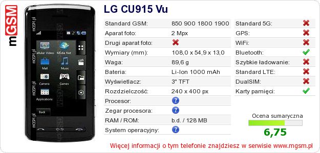 Dane telefonu LG CU915 Vu