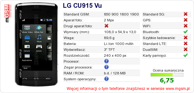 Dane telefonu LG CU915 Vu