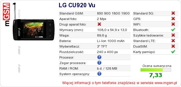 Dane telefonu LG CU920 Vu Dane telefonu LG CU920 Vu