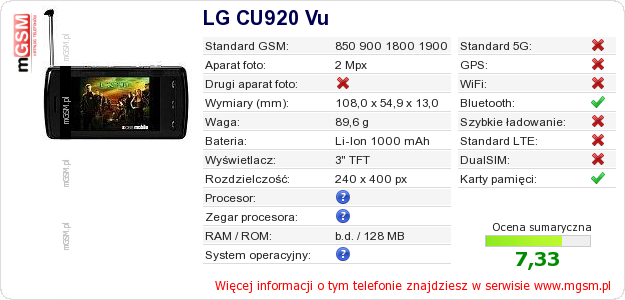 Dane telefonu LG CU920 Vu Dane telefonu LG CU920 Vu