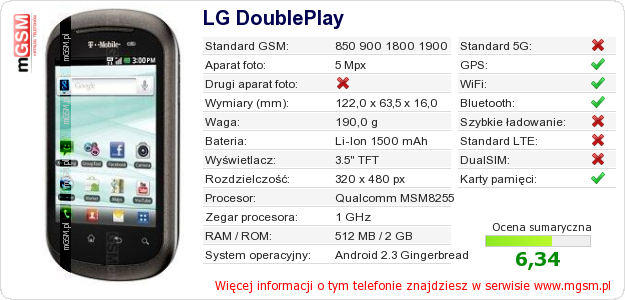 Dane telefonu LG DoublePlay Dane telefonu LG DoublePlay