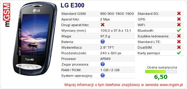 Dane telefonu LG E300