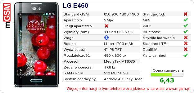 Dane telefonu LG E460