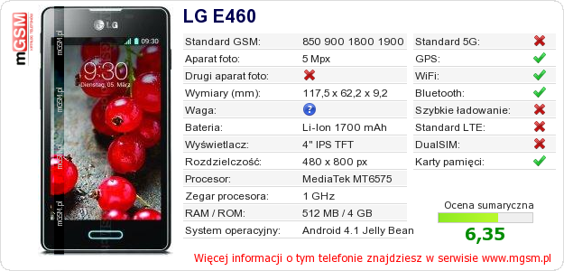 Dane telefonu LG E460