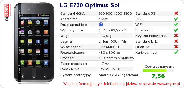 Dane telefonu LG E730 Optimus Sol