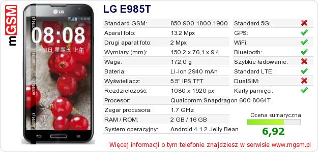 Dane telefonu LG E985T Dane telefonu LG E985T