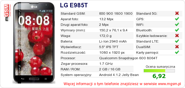 Dane telefonu LG E985T