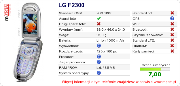 Dane telefonu LG F2300