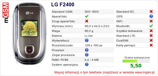 Dane telefonu LG F2400