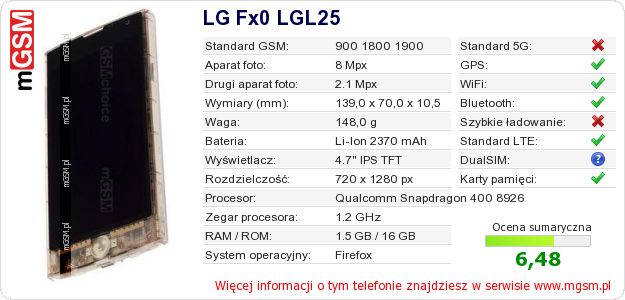 Dane telefonu LG Fx0 LGL25