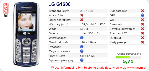 Dane telefonu LG G1600
