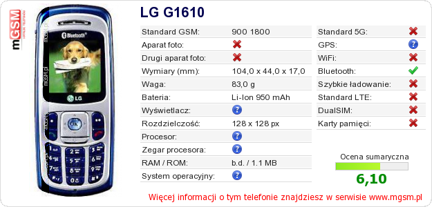 Dane telefonu LG G1610