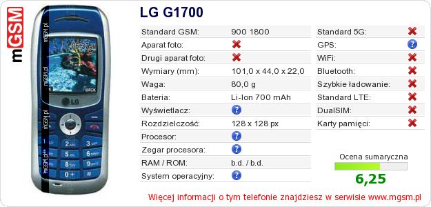 Dane telefonu LG G1700 Dane telefonu LG G1700