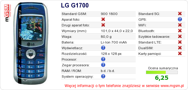 Dane telefonu LG G1700 Dane telefonu LG G1700