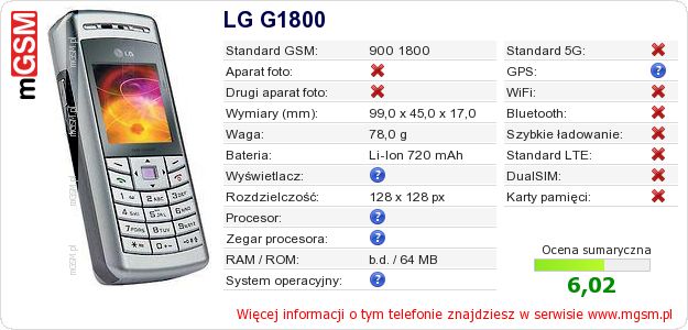 Dane telefonu LG G1800