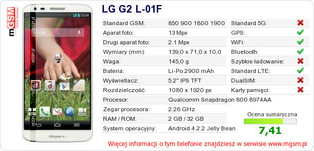 Dane telefonu LG G2 L-01F