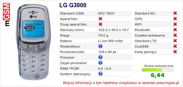 Dane telefonu LG G3000 Dane telefonu LG G3000