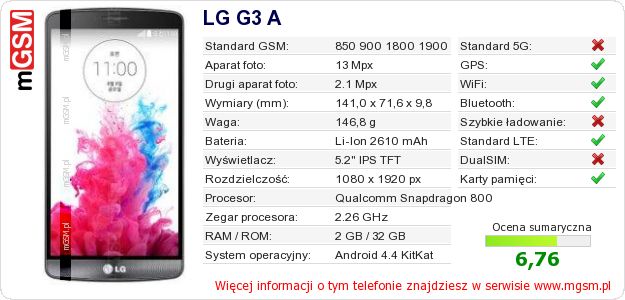 Dane telefonu LG G3 A